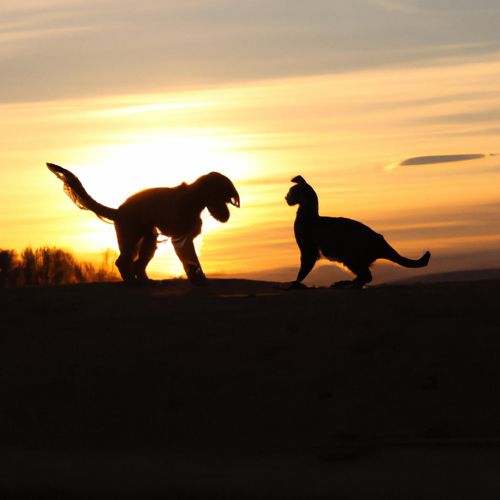 A cat and a dog playing together in the sunset.